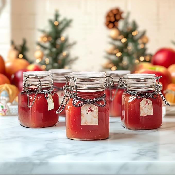 ComSaf 4 oz Glass Jars with Lid, Set of 6 Mini Airtight Glass Jars, Spice Jars, Small Mason Jar, Canning Jar Square with Seal Wire Clip Fastening, Labels & Funnels for Jam, Honey, Kitchen, Wedding