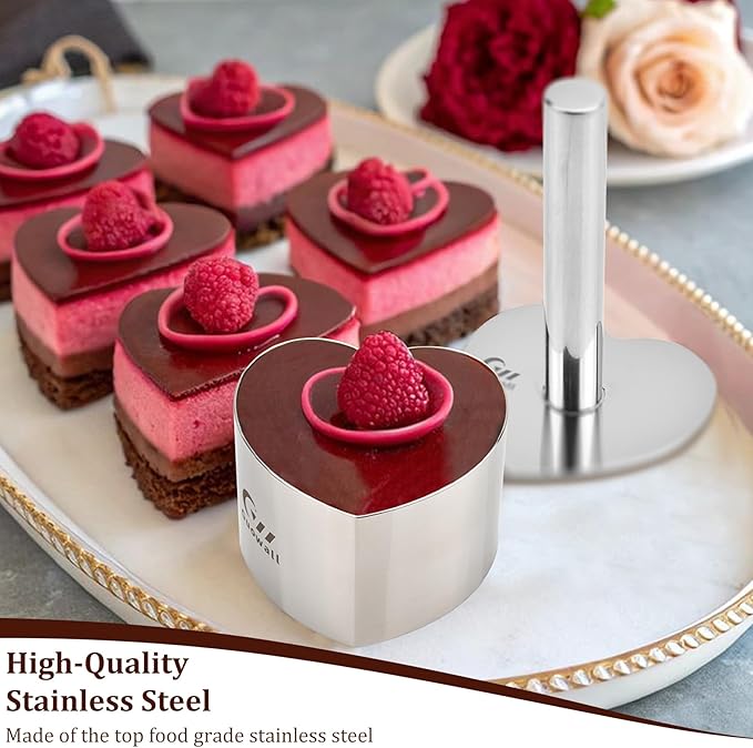 Guowall Heart Shaped Seamless Cake Ring, 3 inch Mousse Mold for Baking, Nonstick Stainless Steel Heart Dessert Mould Set, Includes 1 lifter, 1 pusher and 6 rings