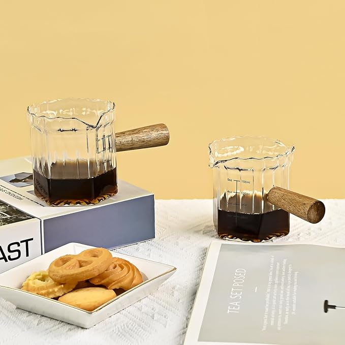 Glass Measuring Cup, 5oz Espresso Shot Glass with Wood Handle, Double Spouts Measuring Triple Pitcher Milk Cup for Coffee Tea (Transparent Ribbed)