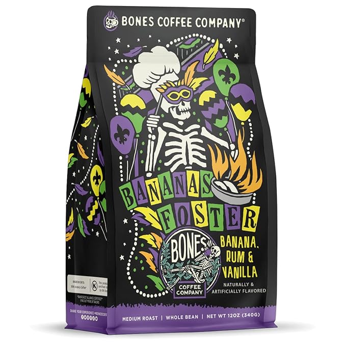Bones Coffee Company Bananas Foster, Banana, Rum and Vanilla Flavored Coffee, Medium Roast Low Acid Arabica Beans Compatible with Auto drip and French Press Coffee Maker, 12 Oz Whole Bean