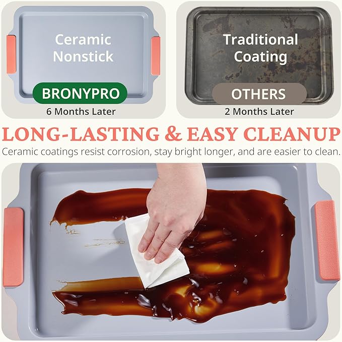BRONYPRO Non Stick Ceramic Baking Sheet Pan Set of 3, Natural Non Toxic Cookie Sheets for Baking - PFOA, PTFE Free, Heavy Duty Aluminized Steel Oven Trays for Cooking with Silicone Handles, Coral