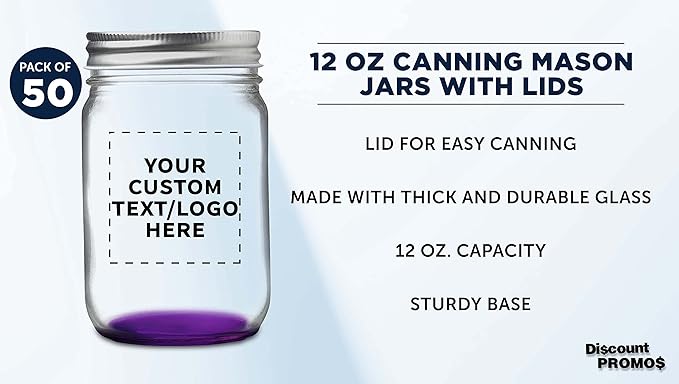 DISCOUNT PROMOS 50 Decorating Mason Jars Set, 12 oz. - Customizable Text, Logo - Canning, Aluminum Lid - Purple
