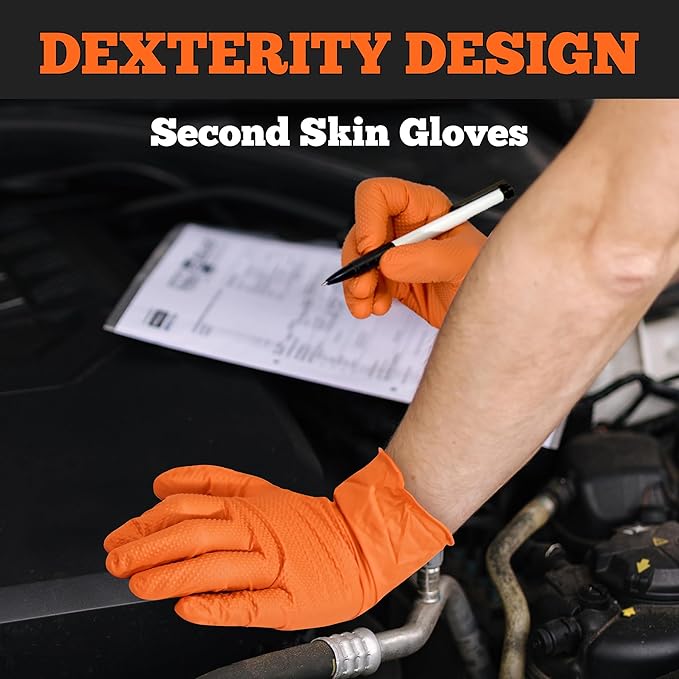 TitanFlex Heavy Duty Nitrile Gloves, 6 Mil Orange Raised Diamond Texture, Mechanic Disposable Gloves Latex Free Powder Free