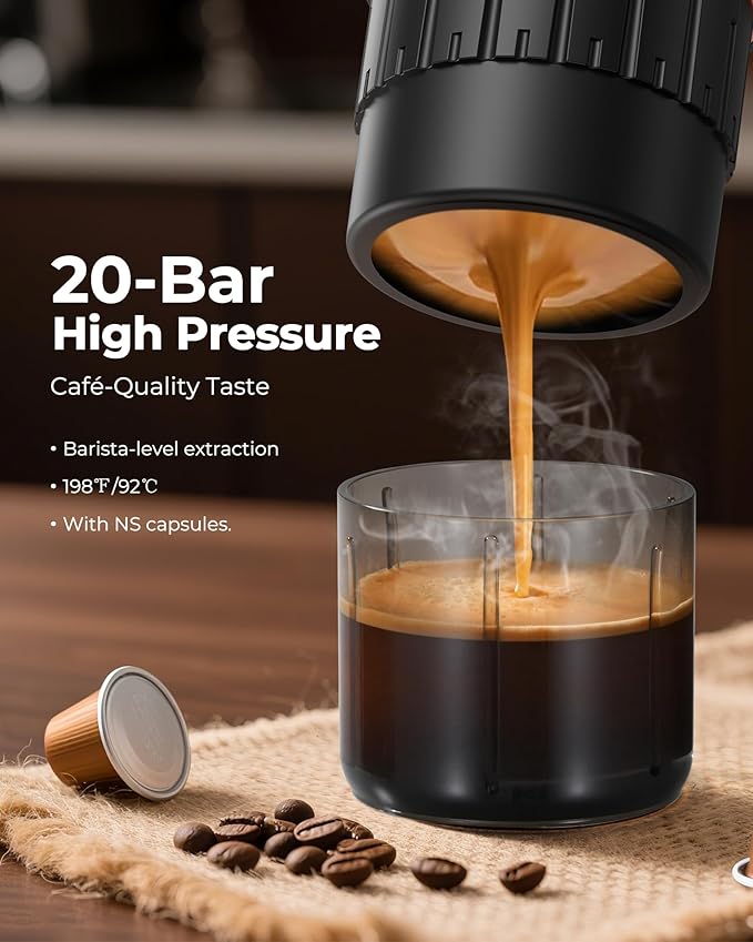 Portable Espresso Coffee Maker, Travel Coffee Maker for Camping, 20 Bar Self‑Heating Rechargeable with USB-C, with NS Capsule for Car/Travel/Camping