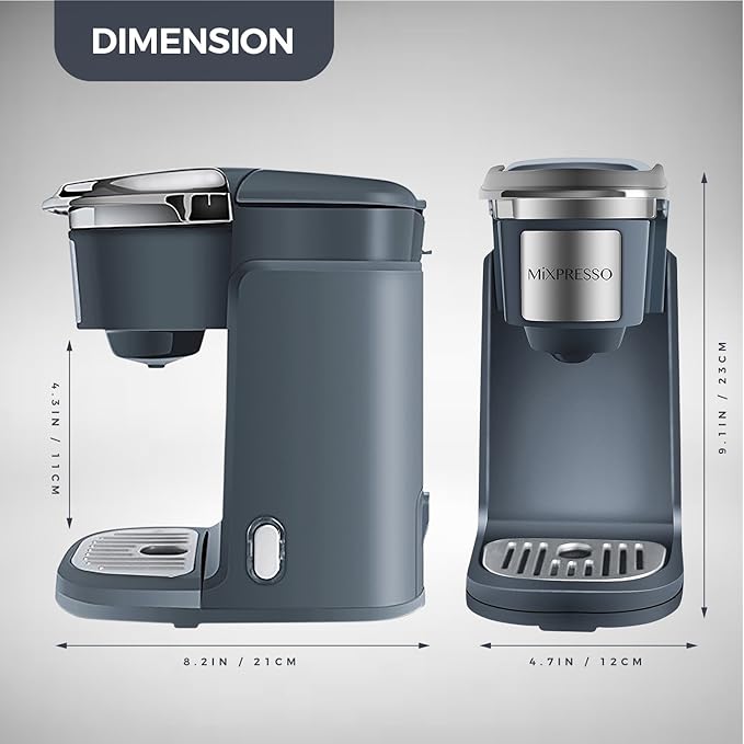 Mixpresso Single Cup Coffee Brewer - Quick Brew, One Touch Function, 12oz One Cup Grey Coffee Maker