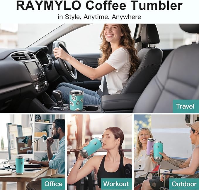 20 oz Coffee Tumbler - Insulated Stainless Steel Travel Mug for Hot/Cold, Spill Proof with BPA-Free Detachable Lid, Coffee Cup Fits Most Car holder, Includes Chic Stickers, Seafoam
