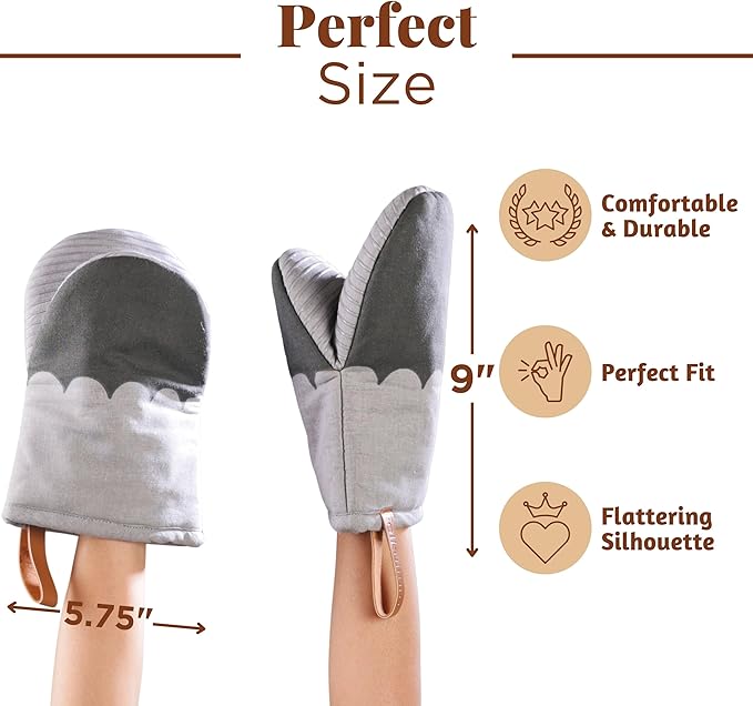 Folkulture Mini Oven Mitts Heat Resistant | (5.75x9) Set of 2 Short Grey Oven Mitts with Hanging Loop | 100% Cotton Oven Gloves or Kitchen Mittens | Small Oven Mitt Set, Grey Scallop Oven Mits