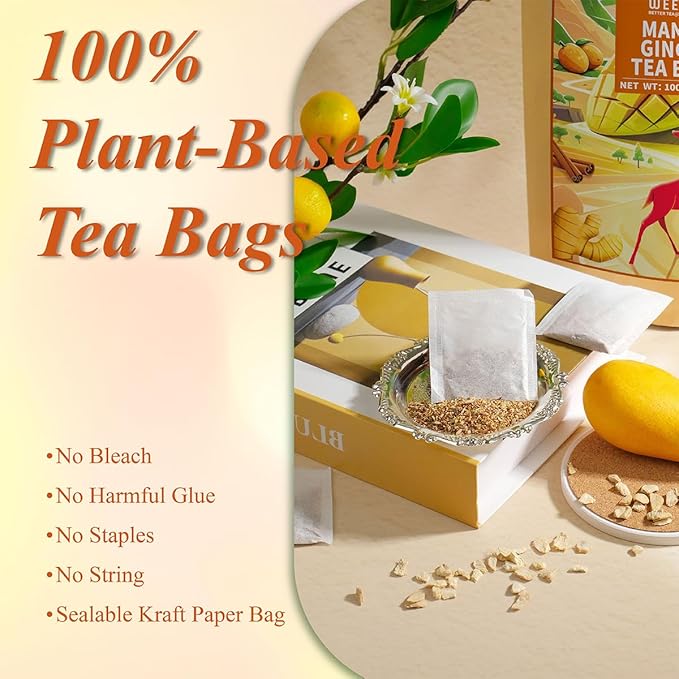 WT WEETEE Mango Ginger Tea Bags, 2g x 100 Counts, Flavored Ginger Herbal Tea Includes Cardamom, Fennel, Cinnamon, Rooibos, Licorice & More, Natural Caffeine-free