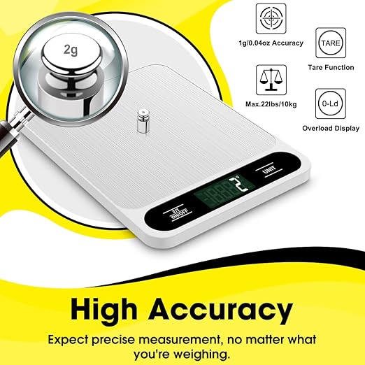 Mik-Nana Food Scale White, 22lb/10kg Digital Kitchen Scale Grams and oz for Baking Cooking and Weight Loss, 1g/0.04oz Precise Graduation, Easy Clean Stainless Steel
