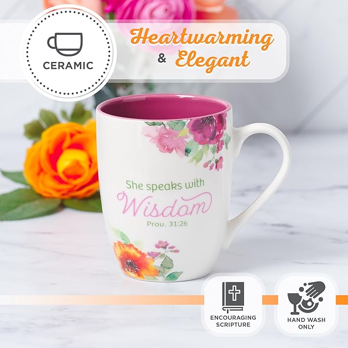 Christian Art Gifts Inspirational Ceramic Coffee & Tea Scripture Mug for Women: She Speaks with Wisdom Bible Verse, Microwave & Dishwasher Safe Drinkware, Multicolor Floral, White & Dark Pink, 12 oz.