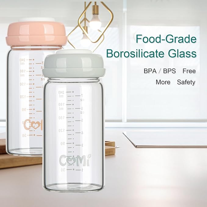 COMI Wide Neck Glass Breastmilk Collection n Storage Bottle, 8oz with Screw Ring Sealing Disk; Re-markable Sealing Disc. BPA Free, Fits Breast Pumps & Nipples (4 Pink Lids)