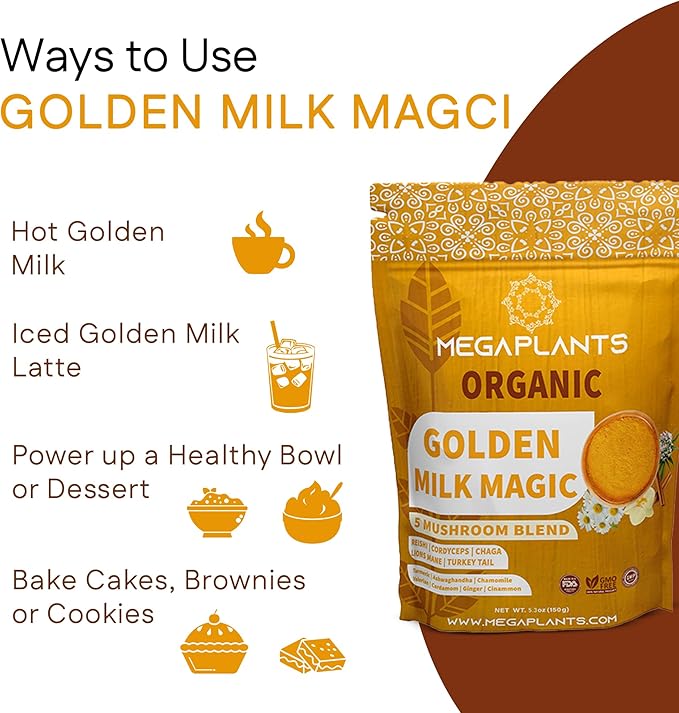 Golden Milk Magic (50 Servings) | Superfood 5 Mushroom Blend for Sleep, Relaxation, Relief | Turmeric, Ashwaghanda, Valerian, Chamomile + 5 Mushroom Blend | Smoothie, Hot Beverage