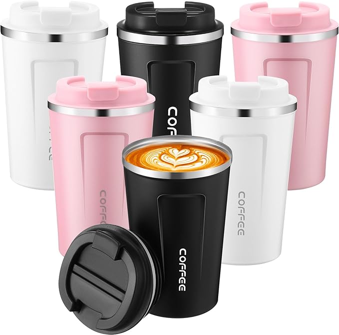 6 Pack Travel Coffee Mugs 12oz Double Wall Insulated Coffee Cups Bulk with Lid Vacuum Stainless Steel Leak Proof Reusable Portable Tumblers for Cold and Hot Drinks(Black, White, Pink)