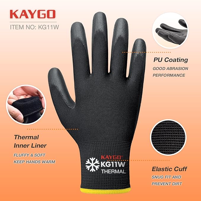 KAYGO Winter Work Gloves for Men and Women, 12 Pairs Thermal Insulated Safety Work Gloves PU Coated, Smooth Grip on Palm & Fingers,Ideal for Freezer Work,Black,L