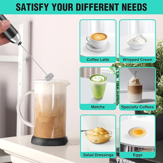 HAUSHOF Powerful Rechargeable Milk Frother Wand with Stand, Handheld Electric Foam Maker, Drink Mixer with 2 Detachable Stainless Steel Whisks 2 Speeds for Coffee Latte, Cappuccino, Matcha, Black