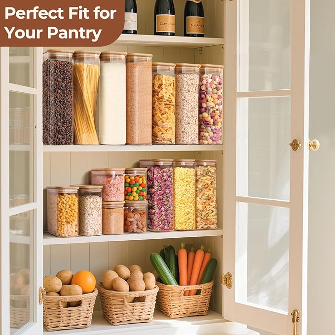 ComSaf 2 Qt Rectangle Glass Storage Containers with Lids, Glass Jars with Bamboo Lids, Clear Food Jar, Square Canister Set of 3, Pantry Organizers and Storage for Flour Pasta Coffee Bean