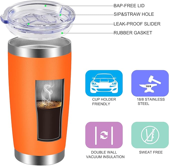VEGOND 20oz Tumbler with Lid and Straw Stainless Steel Tumbler Cup Bulk Vacuum Insulated Double Wall Travel Coffee Mug Powder Coated Coffee Cup(Orange 6 Pack)