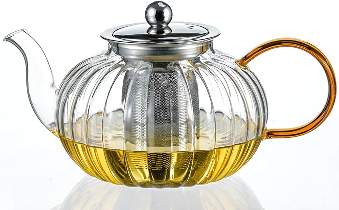 Glass Teapot 33.8oz/1000ml, Glass Tea Kettle with Removable Infuser, Pumpkin Shape Hand Blown Teapot for Blooming Flower Tea and Loose Leaf, Tea Lover's Choice