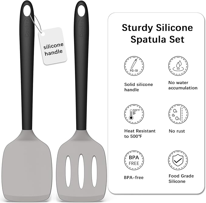 Coukre 2 Pack Silicone Spatula Set, High Heat Resistant, BPA Free Kitchen Spatula, Solid & Slotted Turner for Non-Stick Pans, Sautéing, and Flipping (2, Gray)