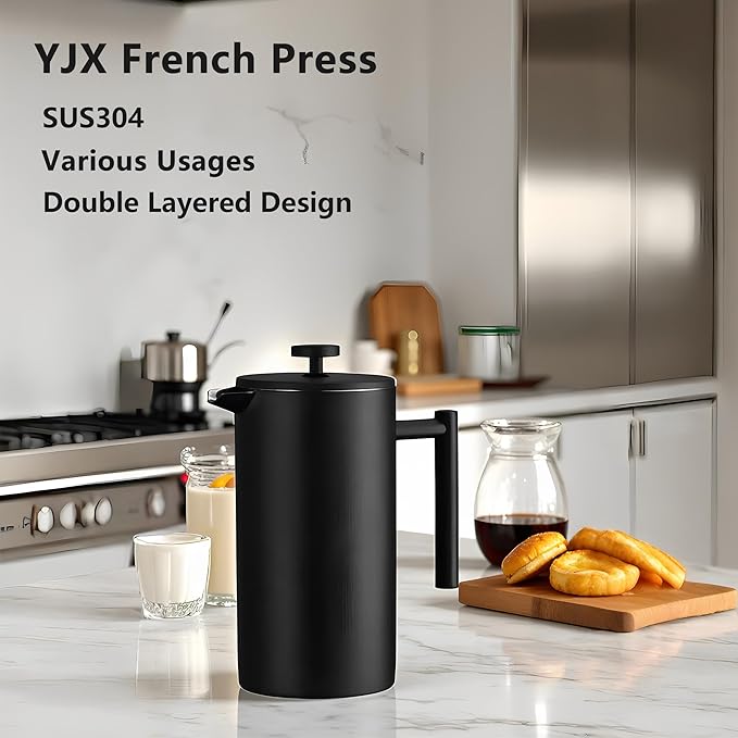 YJX 34oz Coffee Maker, Stainless Steel French Press, 1 Liter Camping Coffee Pot, Tea Maker, 34 Ounce Travel Coffee Presses, Heat Resistant Double Insulated (Black)