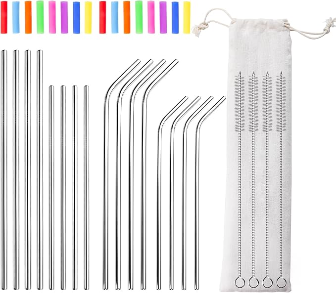 Lazycorner 16 Pcs Metal Straw Reusable 8.5" 10.5" 6mm Stainless Steel Straws for Kids,20oz-32oz, Silver Drinking Straws with Silicone Tips, 4 Straw Cleaner Brush, 1 Travel Case