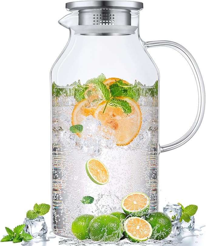 2.6 Liter 88 oz Glass Pitcher with Lid and Spout, Glass Water Carafe for Hot/Cold Water, Iced Tea Pitcher, Large Pitcher for Coffee, Juice and Homemade Beverage