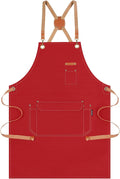 Genixart Chef Apron for Men Women with Gift Box Pack, Cross Back Apron with Pockets for Kitchen Cooking Baking Artist Painting, Cotton Canvas Work Aprons for Shop, Garden, Restaurant, Cafe (Red)
