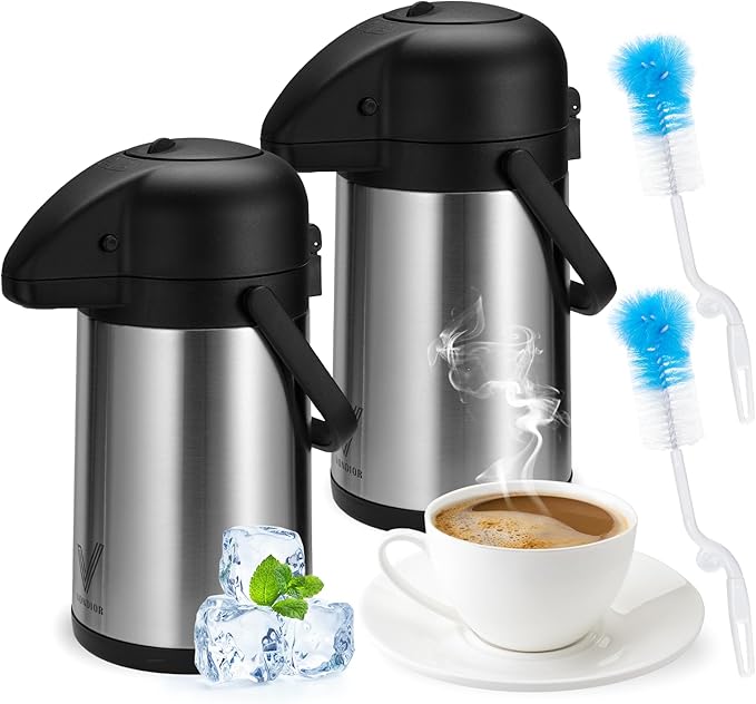64 Oz Airpot Coffee Dispenser with Pump, 2Pcs Insulated Thermal Coffee Carafe - Stainless Steel Hot Beverage Dispenser - Coffee Urn for Hot/Cold Water, Drink Dispenser for Parties