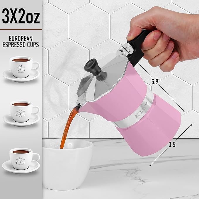 Zulay Moka Pot Espresso Stovetop Coffee Maker - Leak-Proof, Stainless Steel, Easy to Clean, Heat Resistant Handle & Knob - for Authentic Cuban & Italian Style Espresso - Makes 3 Espresso Cups - Pink