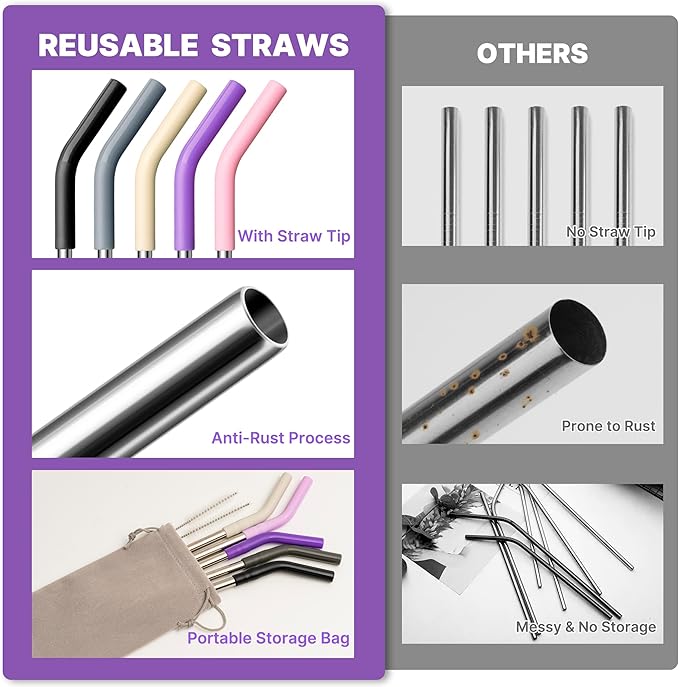Stainless Steel Straw for 30 oz YETI and Simple Modern 24 oz Tumbler, Metal Straws Reusable With Silicone Tip for 32oz Glass, Cleaning Brush, 1 Portable Bag