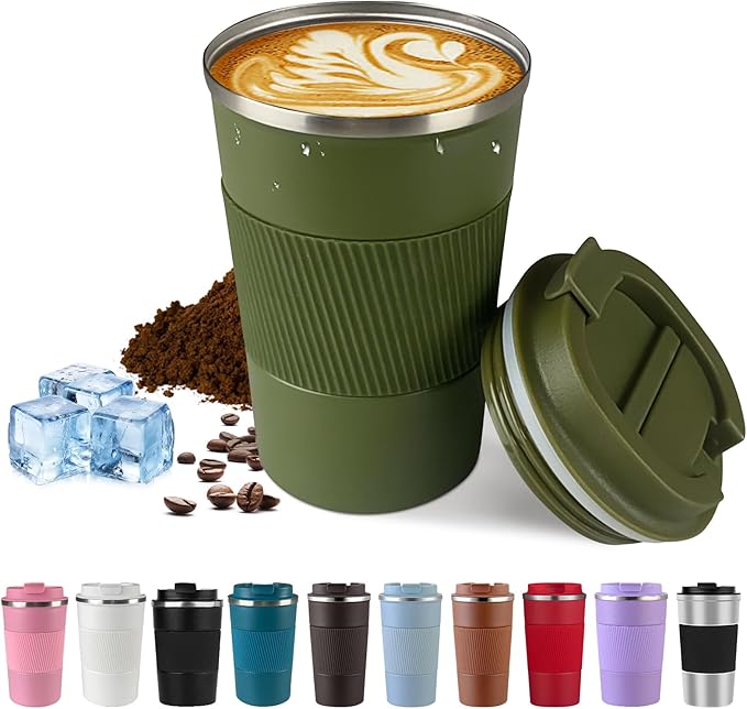 Vacuum-Insulated Stainless Steel Travel Coffee Mug, Leak-Proof Reusable Coffee Cup with Lid - Keep Hot & Cold Drinks for Hours, Durable Thermos Tumbler for Men & Women (3rd-Green, 12OZ)