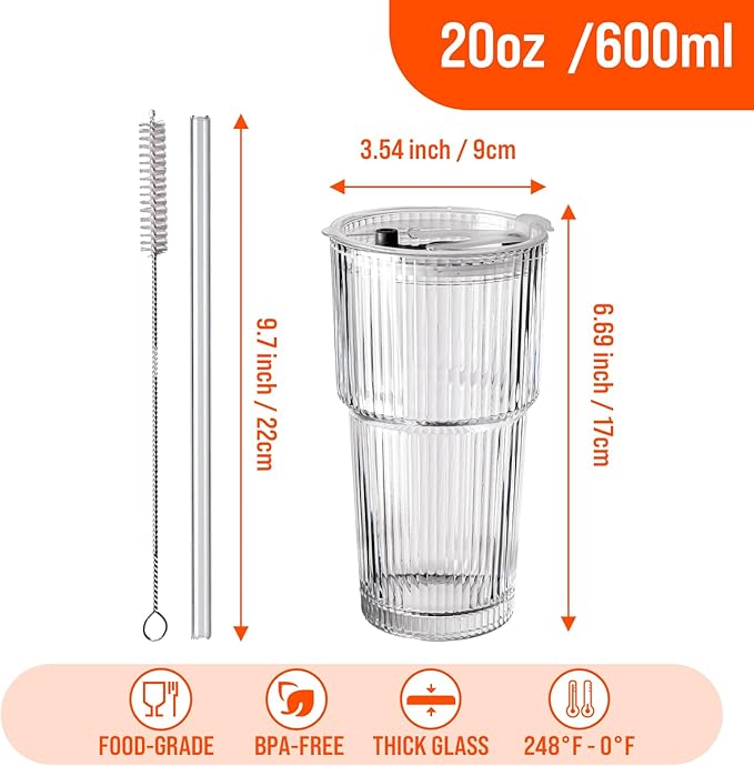 20oz Ribbed Glass Tumblers with Lids & Straws, Ideal for Iced Coffee, Cocktails & More - Includes Cleaning Brush