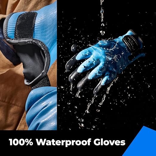 100% Waterproof Gloves for Men and Women, Winter Work Gloves for Cold Weather, Thermal Insulated Freezer Gloves, Touch Screen, With Grip, Blue, Small