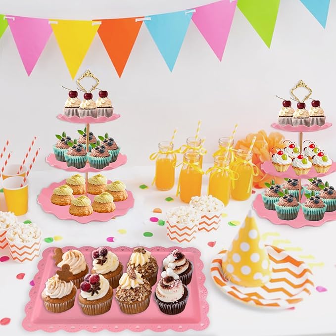 5 Pcs Dessert Table Display Set, Pink Plastic 2 Pcs Round 3 Tier Cupcake Stand Cup Cake Tower Stand with Metal Rod & 3 Pcs Serving Tray for Baby Shower, Tea Party, Wedding, Birthday Party