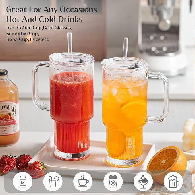 INSETLAN 26oz Glass Tumbler with Handle & Lid – 2-Pack Large Iced Coffee Cups with Straws, Modern Glass Mug for Cold & Hot Beverages, Aesthetic Travel Cup for Smoothies, Tea, and Juice