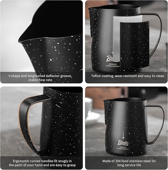 Bincoo Star Milk Frothing Pitcher 21oz/600ml,Espresso Steaming Pitcher,Espresso Machine Accessories,Milk Frother cup,Milk Coffee Cappuccino Latte Art for Home Coffee Bar(Black 20oz)