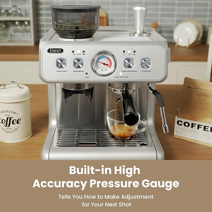 Gevi [2024 Upgraded Dual Boiler Espresso Machine EzBru 2000 | 58mm Grouphead | Barista Level Steam Wand | Built-in Grinder With 31 Size Settings | Full Stainless Steel Housing | Sterling Silver