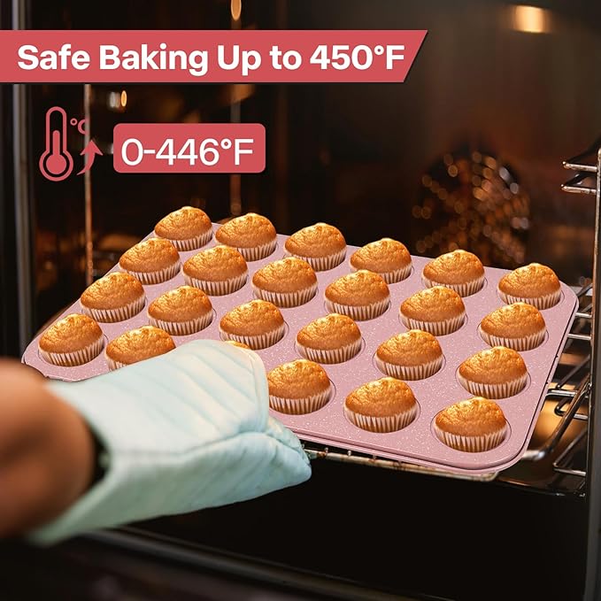 Spmart 2-Pack 24-Cup Nonstick Ceramic-Coated Mini Muffin Pan | Durable & Easy Clean Muffin Tins | Perfect for Small Baked Goods & Party Treats (Pink)