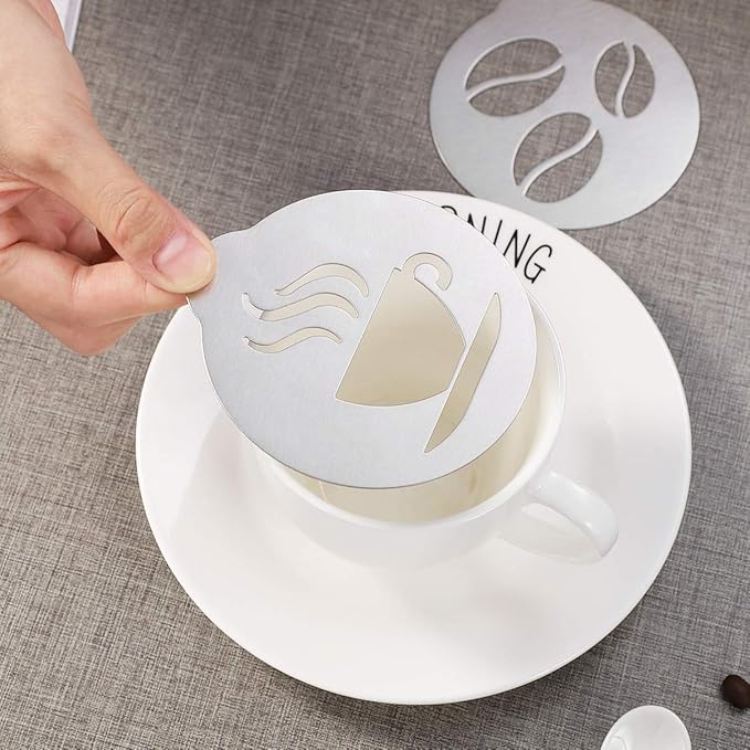 5Pcs Stainless Decorating Stencils, Metal Foam Latte Art Templates, Reusable Cappuccino Chocolate Templates Coffee Garland Mould Cake Decorating Tool