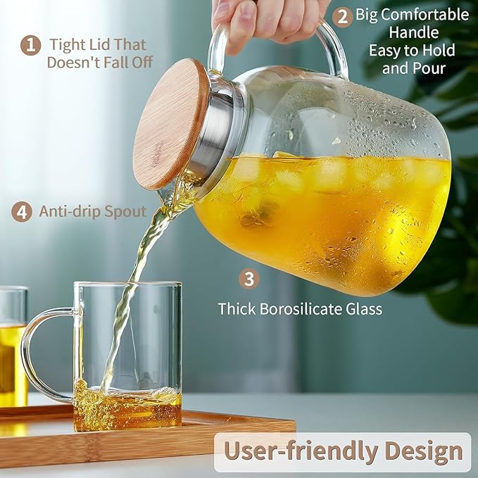 54OZ Glass Pitcher with Lid and Spout, Water Jug, Glass Carafe Water Pitcher for Hot/Cold Beverage, 1600ml for Tea, Juice, Coffee, Milk