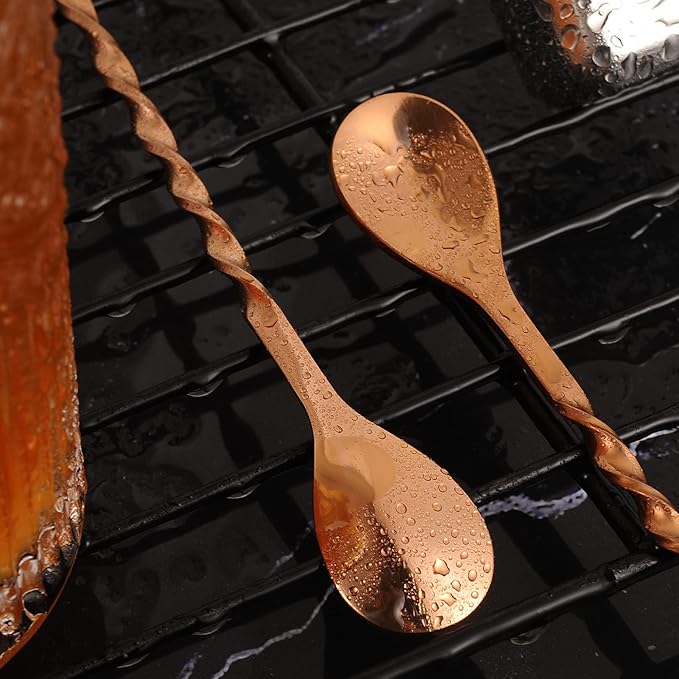 AnSaw Rose Gold 10-Inch Stainless Steel Cocktail Spoon with Leaf Handle - Perfect for Mixing & Layering Drinks in Tall Cups, Bar & Shakers - Durable Long Handle Bar Stirrer,2-Pieces
