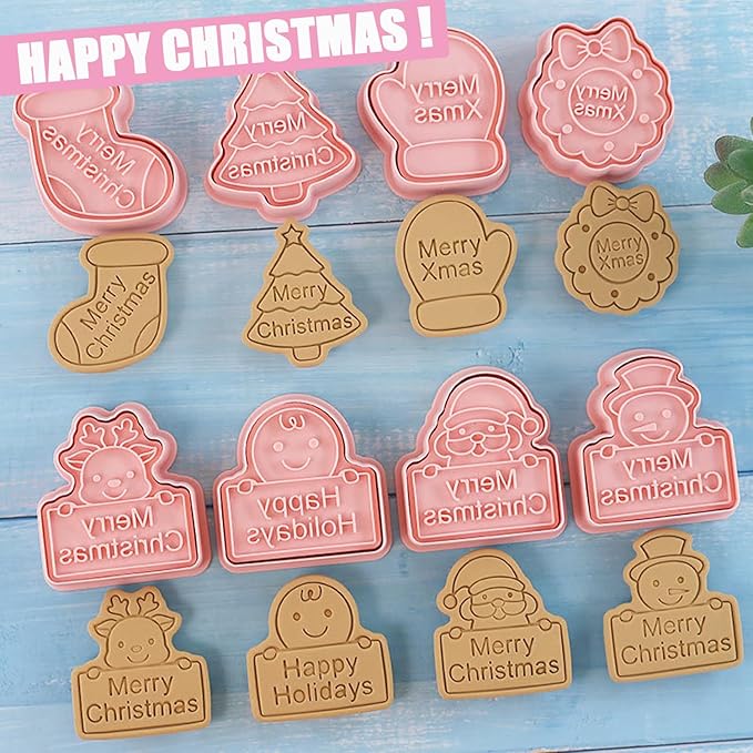 8pcs Christmas Cookie Cutter Set Merry Christmas Cookie Cutters with Plunger Stamps Biscuit Mold 3D Snowman Cookie Molds Cake Baking Fondant Cutter Christmas Party DIY Cookie Decorating Supplies (L8)