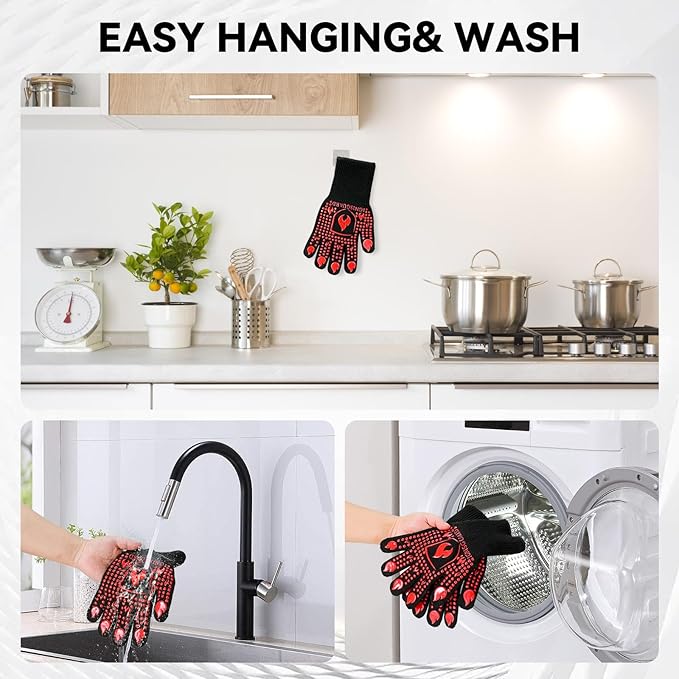 BBQ & Grill Gloves, Oven Gloves, 1472°F Silicone Oven Mitts Heat Resistant Grilling Gloves Fireproof Non-Slip for Barbecue Cooking Baking Smoking, 1-Pair Red（M）