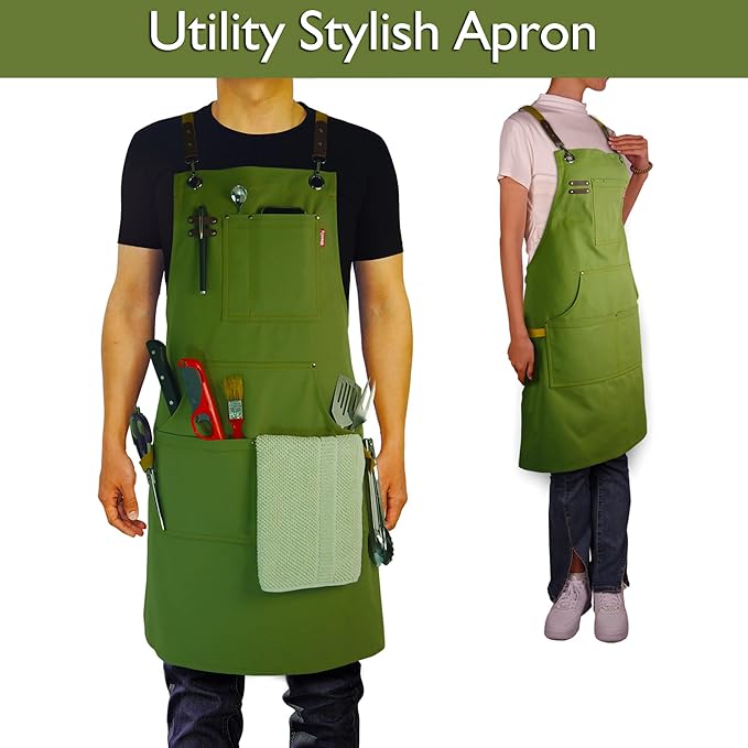 5 Pack Kitchen Apron, Work Apron, Canvas, Multiple Pockets, Gardening, Painting, BBQ, Artist, Carpenter, Sizes M to XXL, Olive