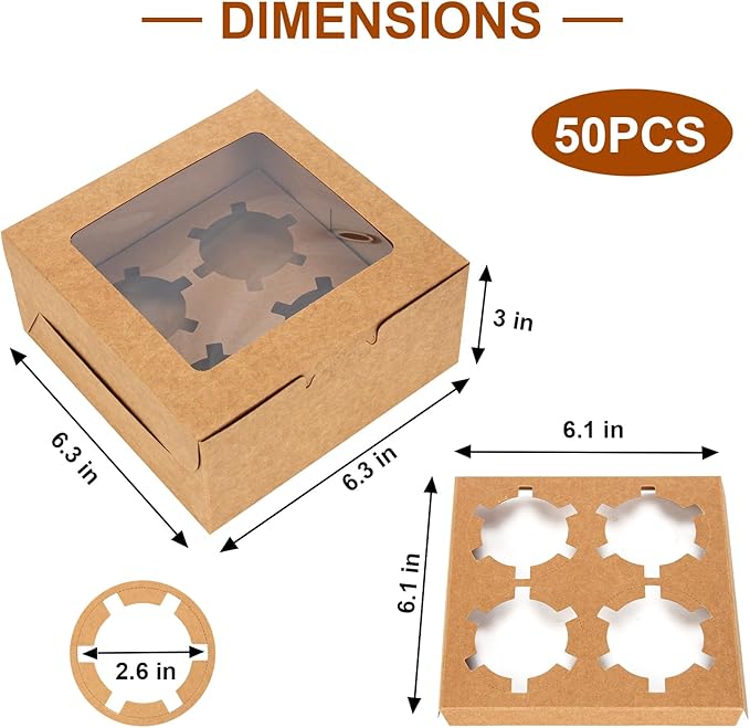 OAMCEG 50 PCS Cookie Boxes with Window, 6x6x3 Inch Cupcake Boxes, Brown Bakery Containers for Pastry, Dessert, Chocolate Strawberries, Treat Boxes with Stickers & Jute Twine