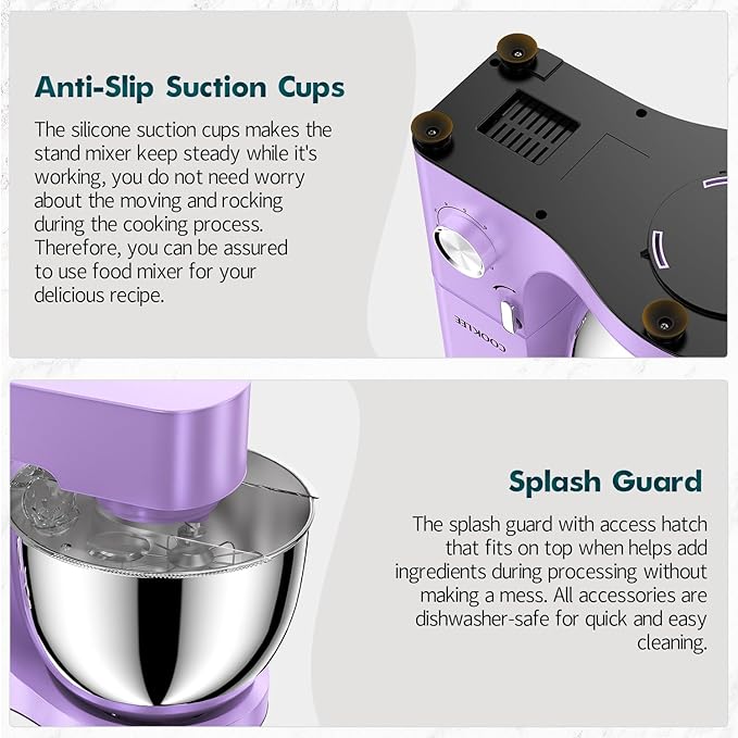 COOKLEE Stand Mixer, 9.5 Qt. 660W Electric Kitchen Mixer with Dishwasher-Safe Dough Hooks, Flat Beaters, Wire Whip & Pouring Shield Attachments for Most Home Cooks, Lavender