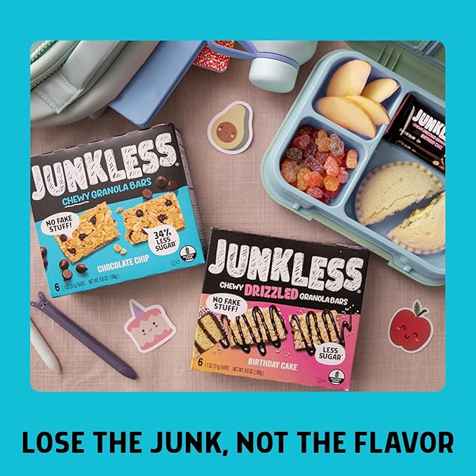 JUNKLESS Chewy Granola Bar 4‑Flavor Variety Pack (24 Bars)–Non‑GMO, Gluten‑Free, Less Sugar Snack Bars— Chocolate Chip, Double Chocolate, Peanut Butter Chocolate Chip & Real Strawberry, 4 Boxes