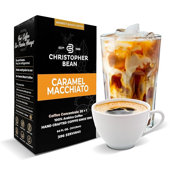 Christopher Bean Coffee - 396 servings, 30 to 1 Blend Bag in Box Liquid Instant Coffee or Cold Brew Coffee Concentrate - Hot or Iced Coffee - Caramel Macchiato