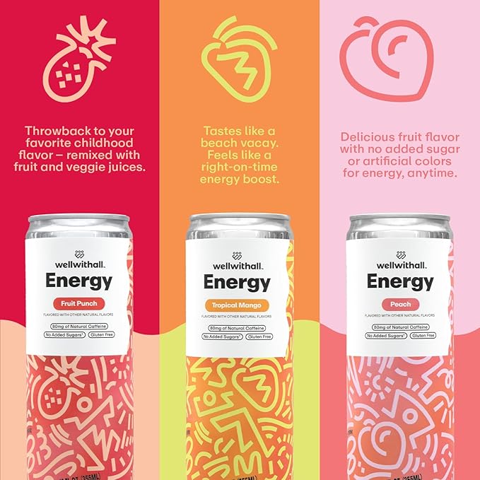 WellWithAll Energy Drink Variety Pack – Fruit Punch, Tropical Mango, and Peach Flavors – Caffeine from Tea – With Vitamin C – Lightly Sparkling Beverage – Fruit & Veggie Juice Blend – 12 Oz (Pack of 12 – 4 Cans of Each Flavor )