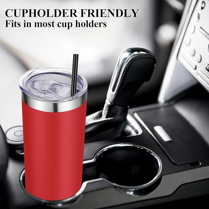 VEGOND 20 oz Stainless Steel Skinny Tumbler with Lids and Straws, 20oz Vacuum Insulated Slim Tumbler Cup, Double Wall Travel Tumblers Bulk for Cold Hot Drinks, Red 12 Pack